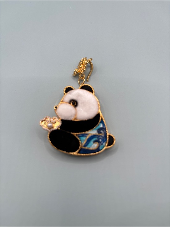 Source Unknown Jewelry - Panda Embroidered, Fur and Gold Piping Pendant with Pearl and Blue Wave Detail